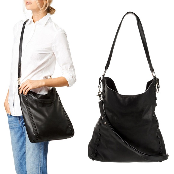 Loeffler Randall Black Studded Genuine Leather Hobo Bag Medium Tote Purse - Picture 1 of 8
